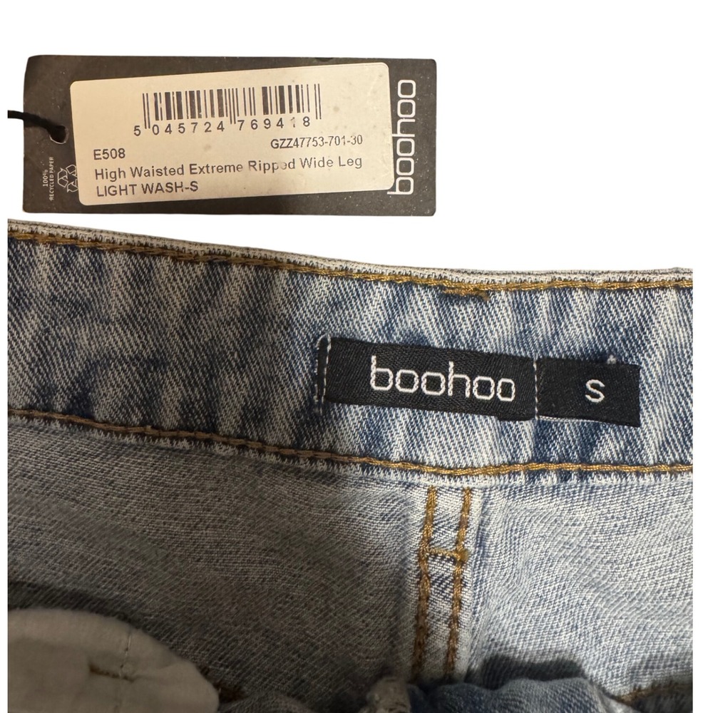 Boohoo High Waisted Extreme Ripped Wide‎ Leg Jeans Light Wash Distressed Denim - Picture 2 of 6